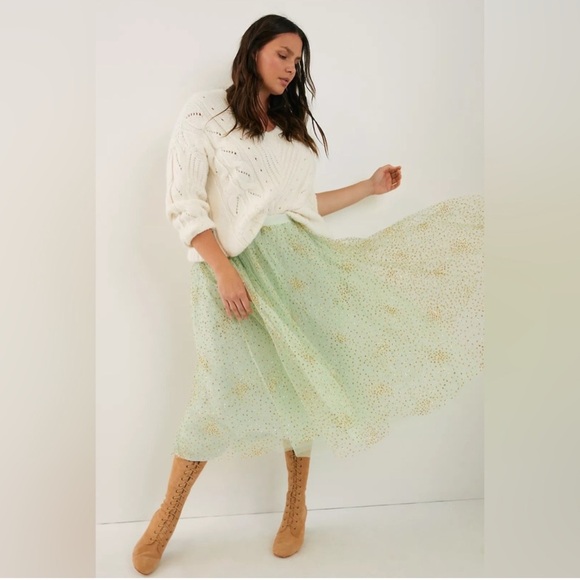 By Anthropologie Sydney Shimmer Tulle Midi Skirt Light Green Gold Glitter Large - Picture 6 of 12